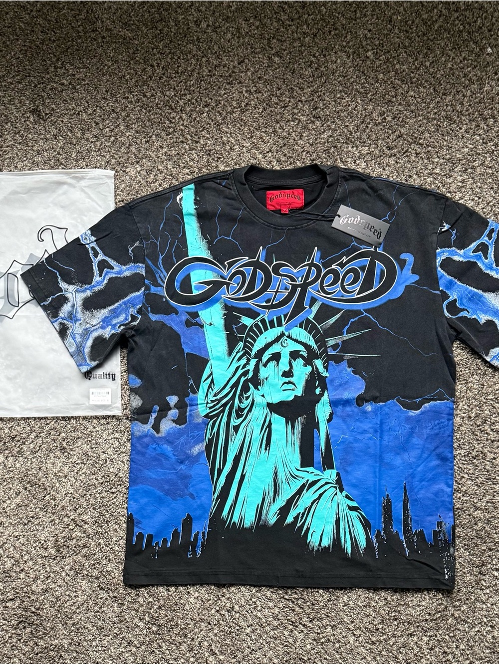 Godspeed Men's Short Sleeve Graphic Tee - Black & Teal Statue of Liberty
